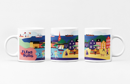 Flensburg Kaffebecher mit den schönsten Wahrzeichen der Stadt. Souvenir und Geschenkidee.