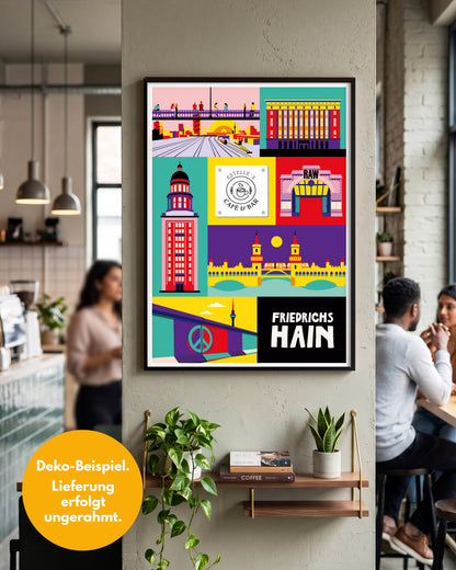 Urbanes Wandbild als Geschenk für Geschäftskunden: Friedrichshain Kunstdruck mit Logo-Integration eines Cafés, gerahmt an einer Säule in einem Lokal.