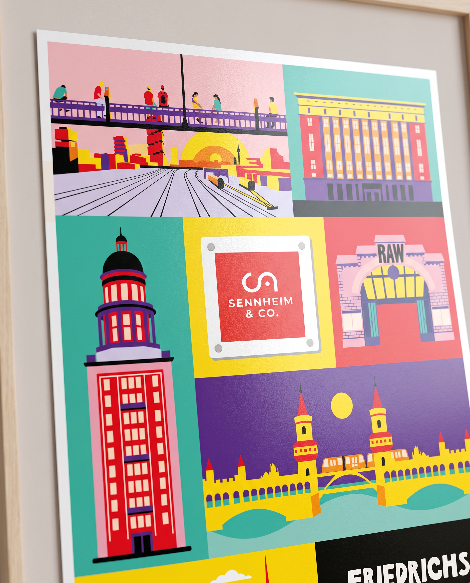 Detailansicht des hochwertigen 200g/m² Premium-Papiers: Personalisiertes Friedrichshain Poster mit Firmenlogo-Integration im farbgewaltigen Flat-Design.
