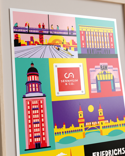 Detailansicht des hochwertigen 200g/m² Premium-Papiers: Personalisiertes Friedrichshain Poster mit Firmenlogo-Integration im farbgewaltigen Flat-Design.
