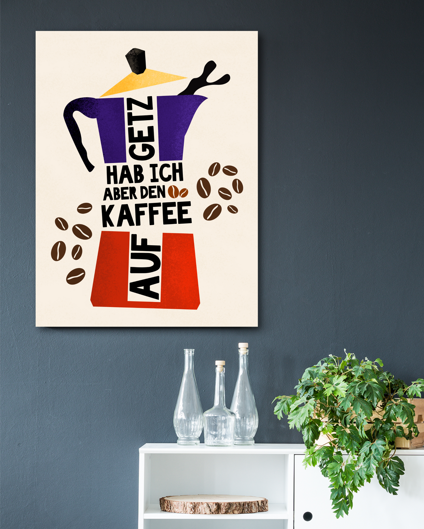 Dekoratives Wandbild mit witzigem Ruhrgebiet-Spruch und Espressokanne als Design-Element.