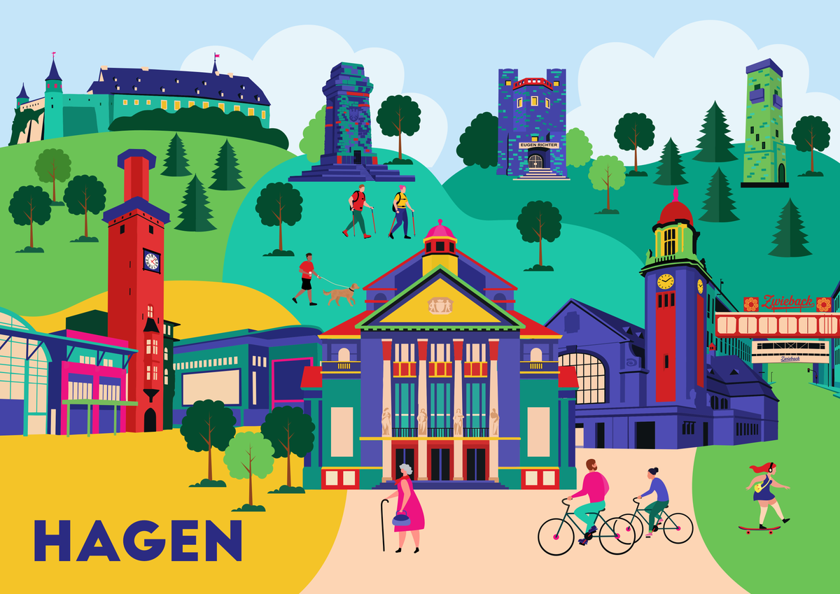 Hagener 3 Türme Weg illustriert im Mid-Century Stil für urbane Wandkunst.