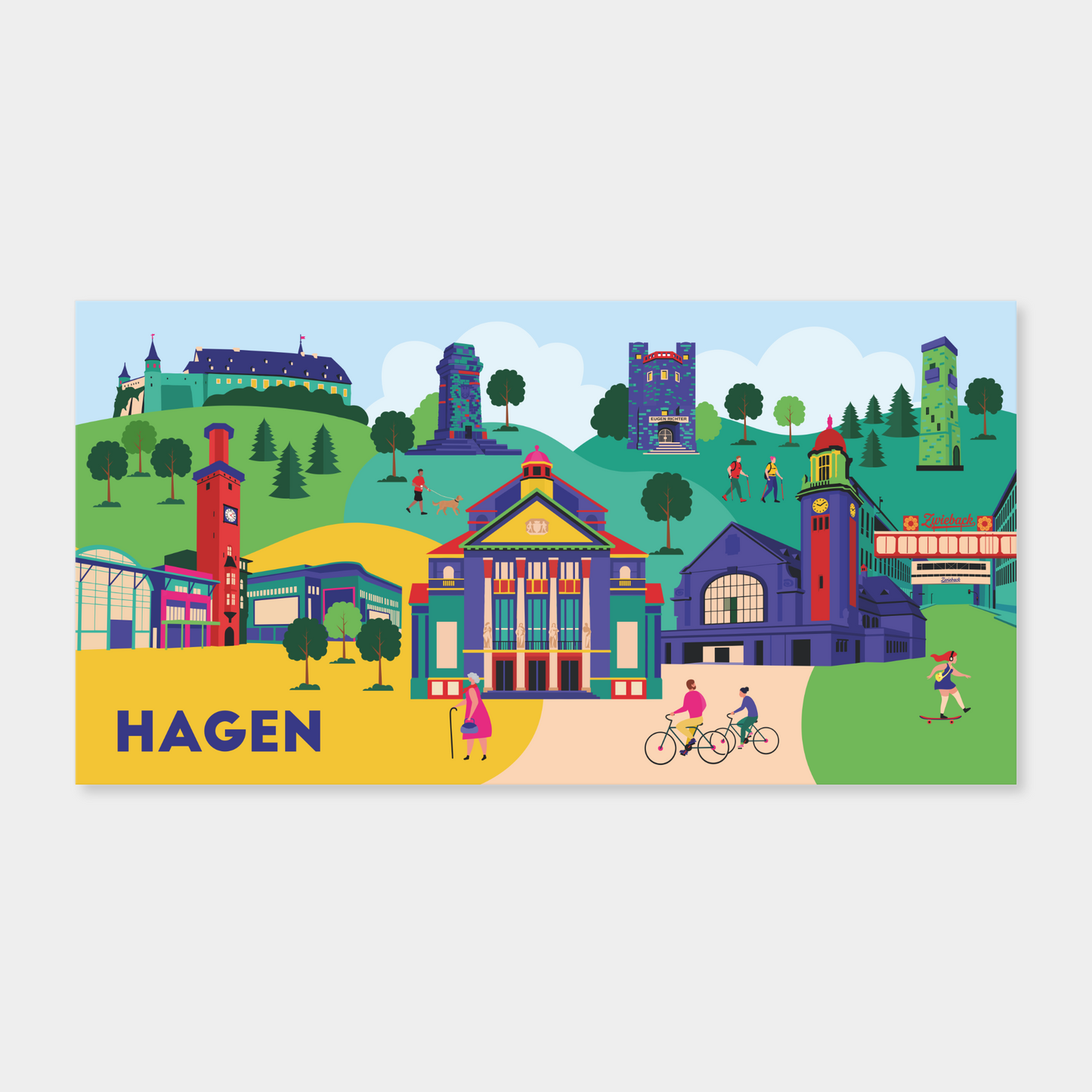 Hagen Leinwand mit dem Stadt-Theater und Rathausturm.