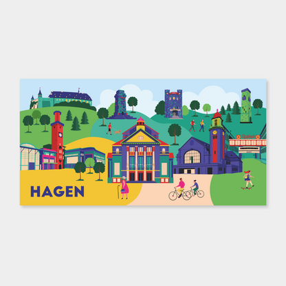 Hagen Leinwand mit dem Stadt-Theater und Rathausturm.