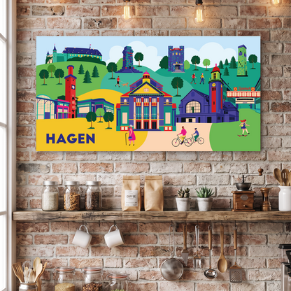 Hochwertige Wandkunst: Die Hagen Illustration als längliches Format in 50x100 cm in einer modernen Küche