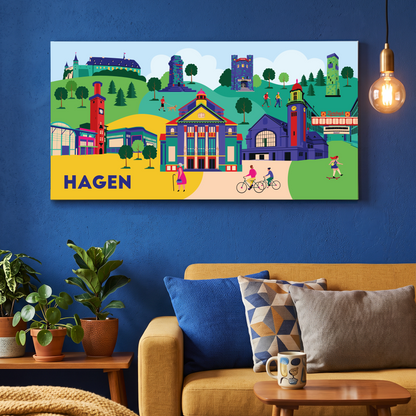 Leinwand mit Hagen Illustration im bunten Pop-Art Stil an einer Wohnzimmerwand.