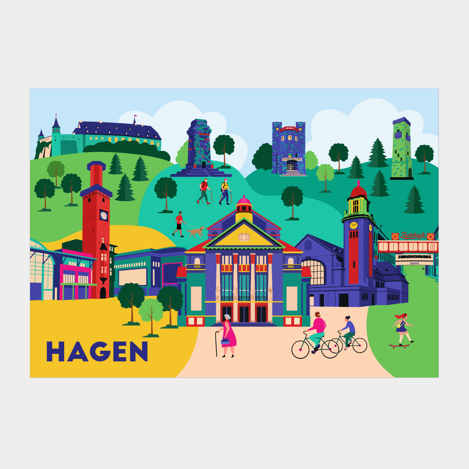 Hagen Poster im Pop-Art Design mit Stadt-Theater und Rathausturm.