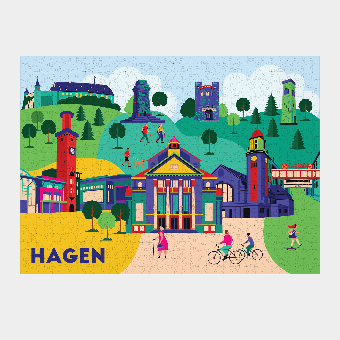 Buntes Flat-Design-Puzzle, Schloss Hohenlimburg auf Hügel.