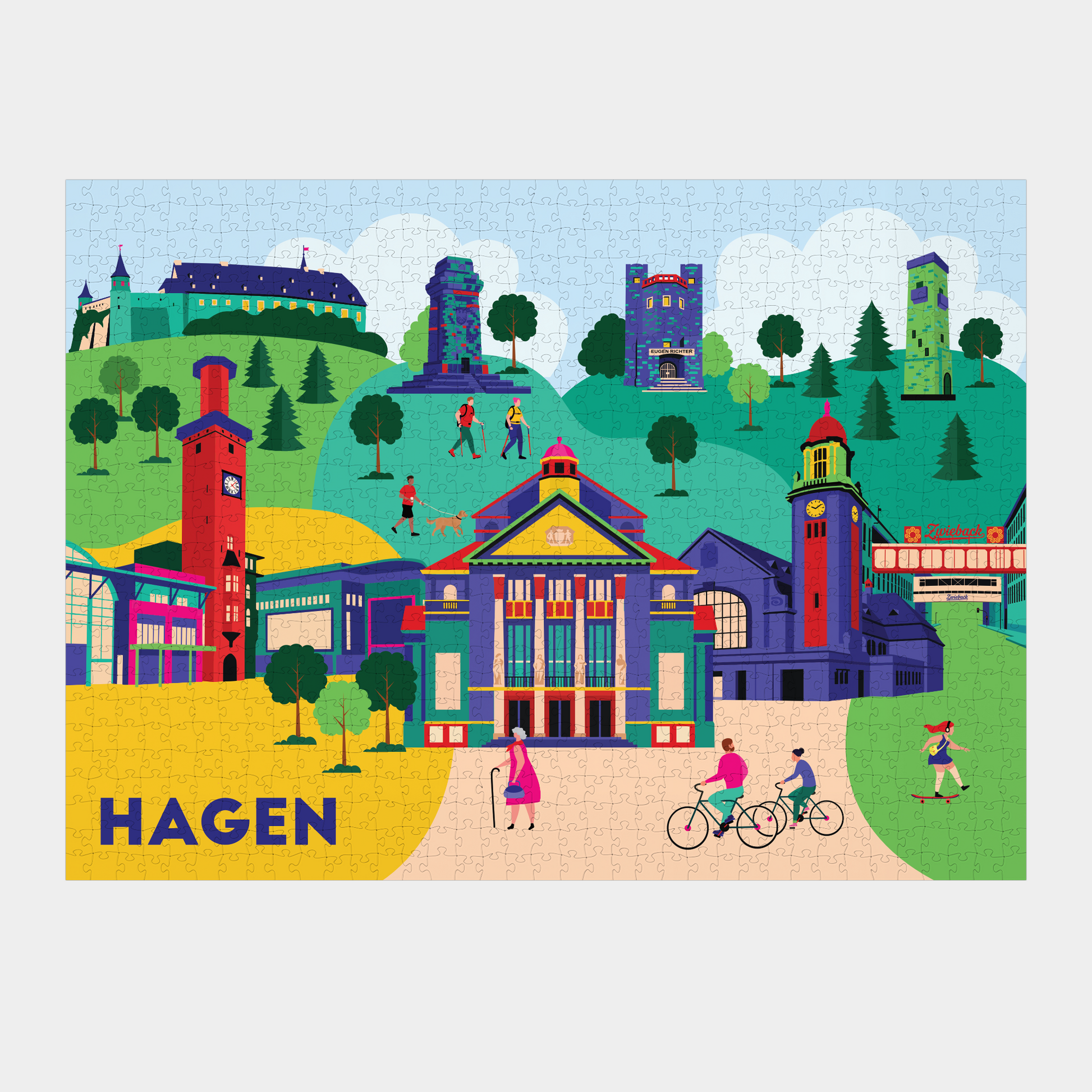 Buntes Flat-Design-Puzzle, Schloss Hohenlimburg auf Hügel.