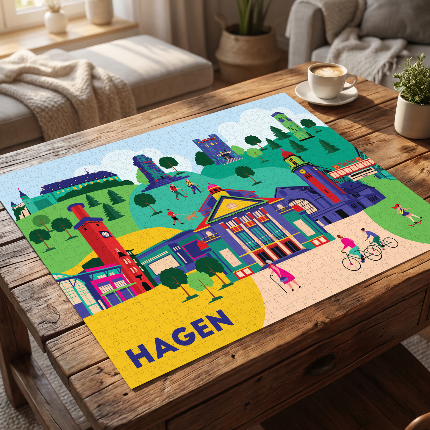 Hochwertiges Premium-Puzzle Hagen, Box im Wohnzimmer Setup.