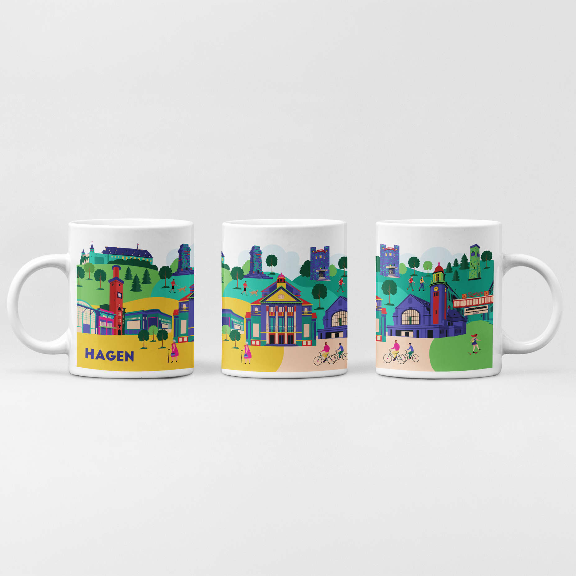 Bunte Keramiktasse mit Hagen Illustration im Pop-Art Stil
