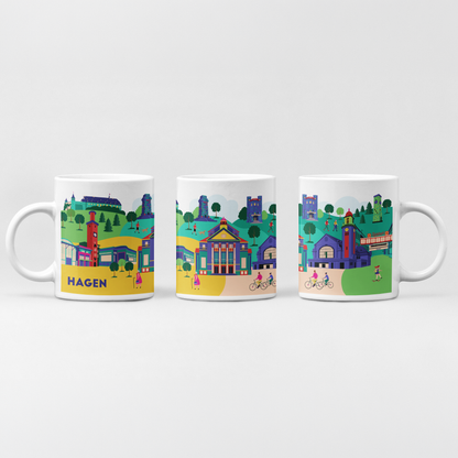 Bunte Keramiktasse mit Hagen Illustration im Pop-Art Stil