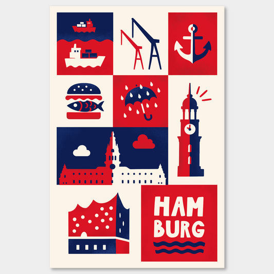 Illustration Hamburg Poster – Collage mit Wahrzeichen in Rot-Blau