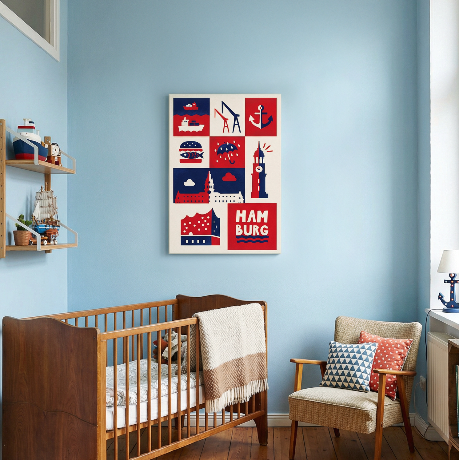 Minimalistisches Leinwandbild Hamburg – urbaner Retro-Stil fürs Kinderzimmer