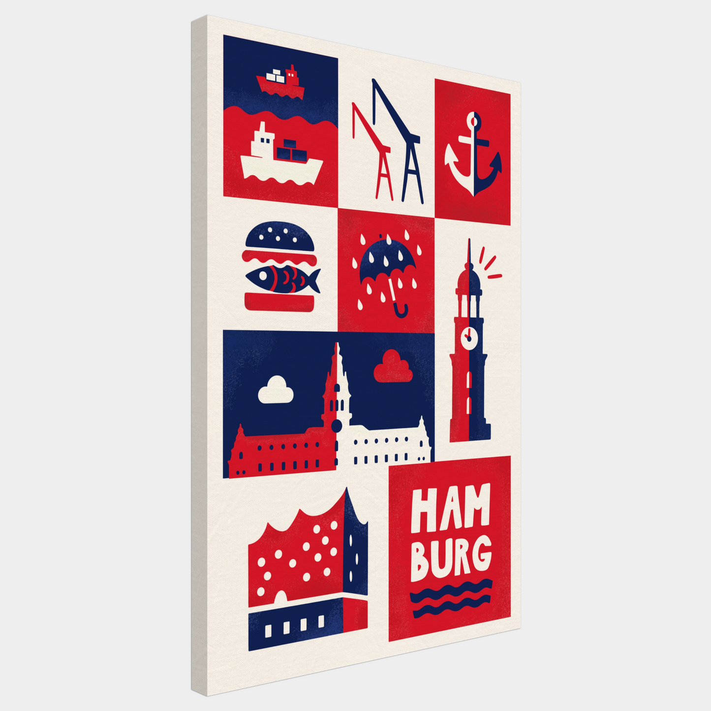 llustratives Hamburg-Poster auf Leinwand mit roten, blauen und weißen Symbolen wie Fischbrötchen, Elbphilharmonie, Michel, Hafenkränen und Anker im modernen Grafikstil.
