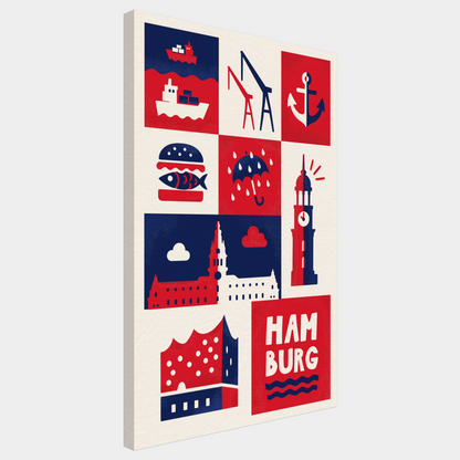llustratives Hamburg-Poster auf Leinwand mit roten, blauen und weißen Symbolen wie Fischbrötchen, Elbphilharmonie, Michel, Hafenkränen und Anker im modernen Grafikstil.