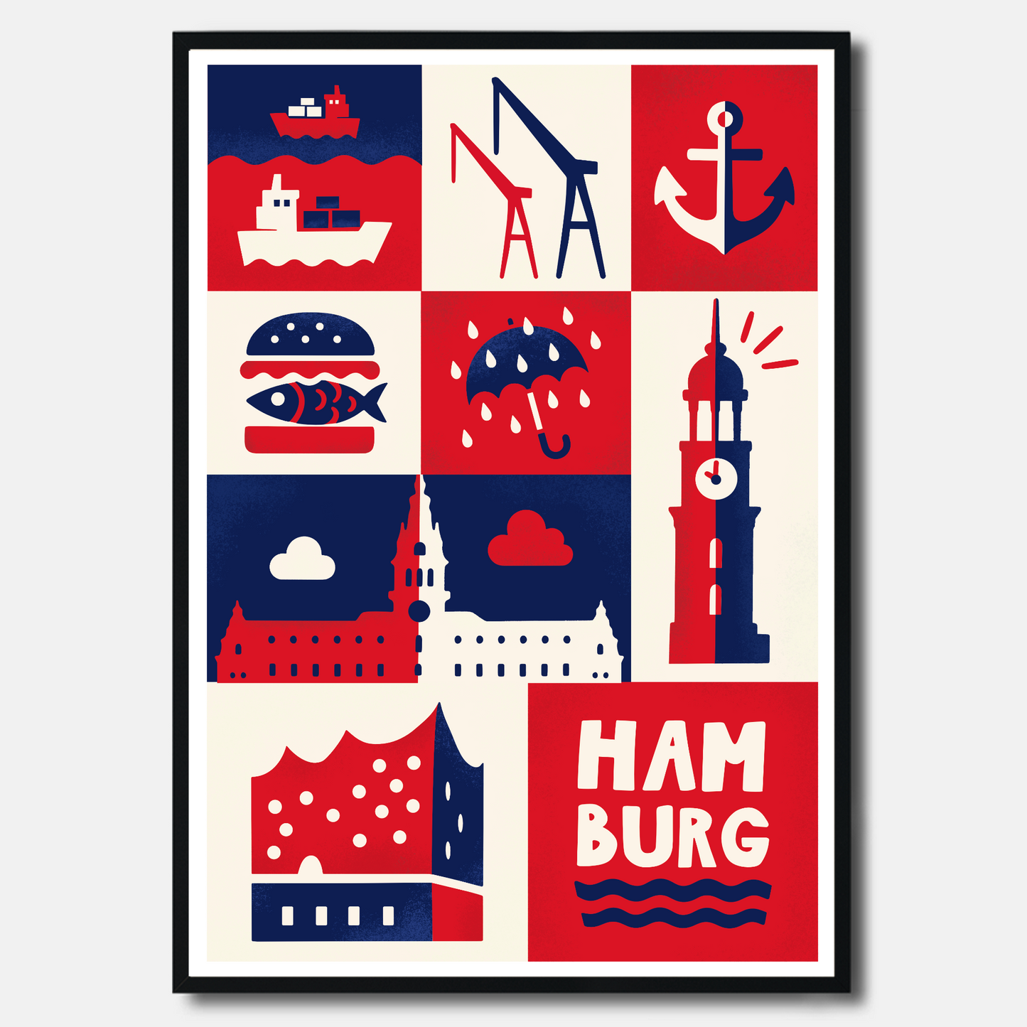 Maritime Hamburg Illustration als Wandkunst in Rot-Blau