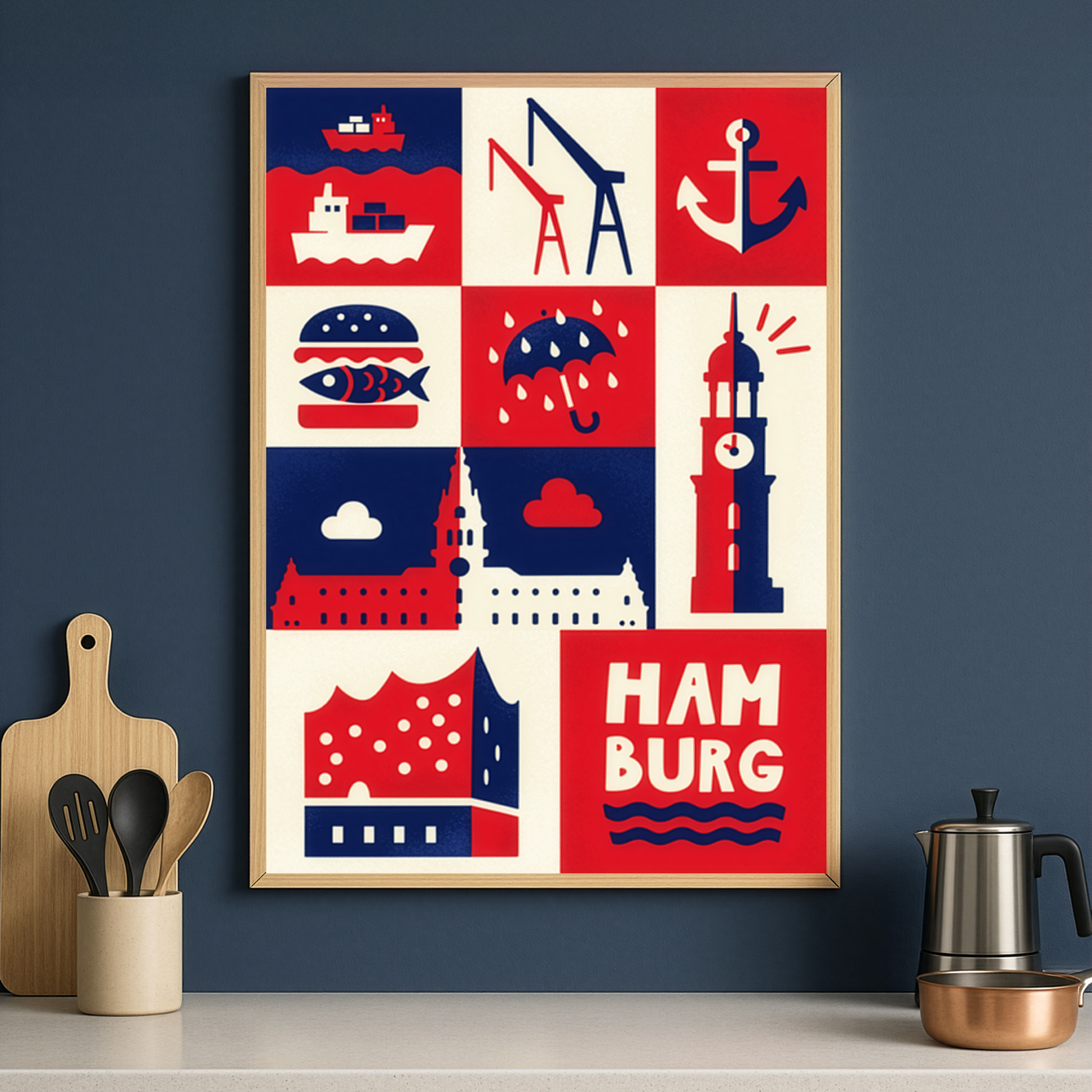 Grafisches Hamburg-Poster mit maritimen Symbolen wie Anker, Fischbrötchen und Elbphilharmonie in Rot, Blau und Weiß, gerahmt und stilvoll in einer modernen, dunkelblauen Küche dekoriert.