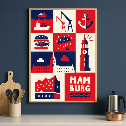 Grafisches Hamburg-Poster mit maritimen Symbolen wie Anker, Fischbrötchen und Elbphilharmonie in Rot, Blau und Weiß, gerahmt und stilvoll in einer modernen, dunkelblauen Küche dekoriert.