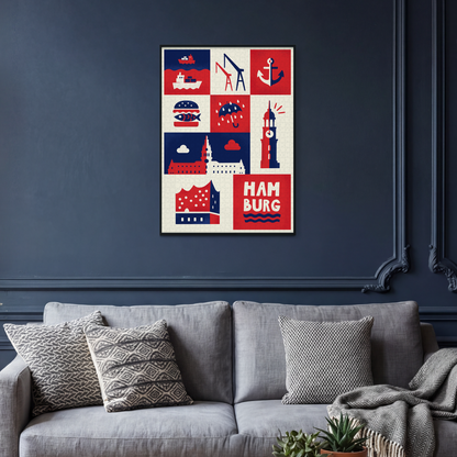 Puzzle mit Hamburg-Motiven an Wand gerahmt über Sofa