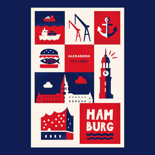 Personalisierte Hamburg-Leinwand mit Wahrzeichen in Rot-Blau mit Name und Datum. Geschenk zur Geburt.