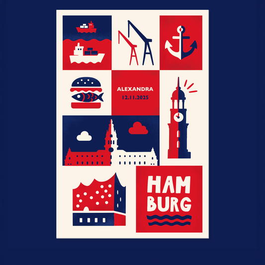 Personalisierte Hamburg-Leinwand mit Wahrzeichen in Rot-Blau mit Name und Datum. Geschenk zur Geburt.