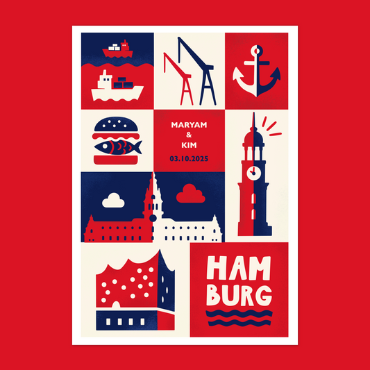 Personalisiertes Hamburg Poster mit Elbphilharmonie und Hafenillustration