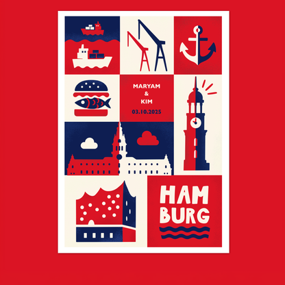 Personalisiertes Hamburg Poster mit Elbphilharmonie und Hafenillustration