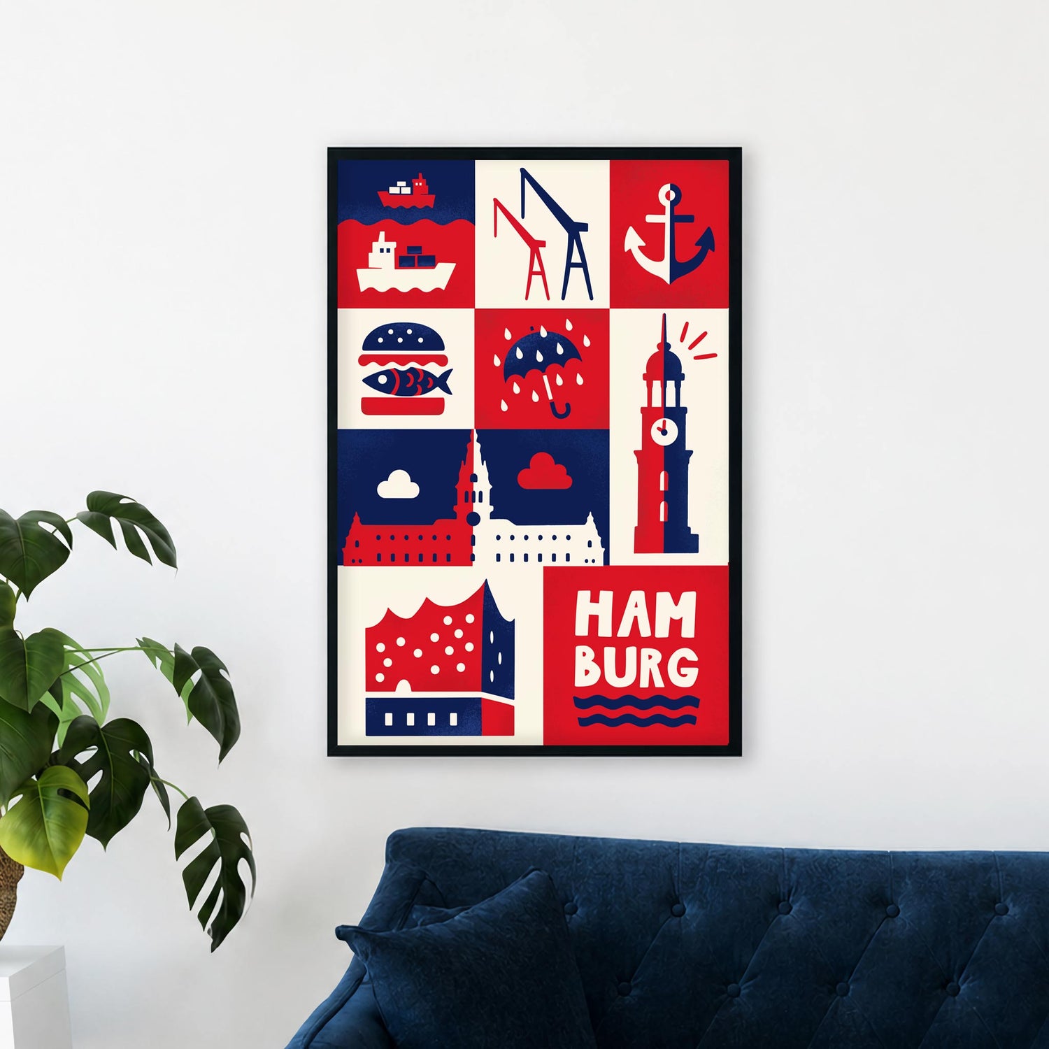 Gerahmtes Hamburg-Poster mit minimalistischem Stadtplan-Design, aufgehängt über einem blauen Sofa als moderne Wanddekoration.