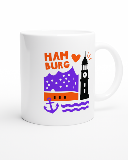 Bunte Souvenirtasse mit Hamburg Skyline und Wellen