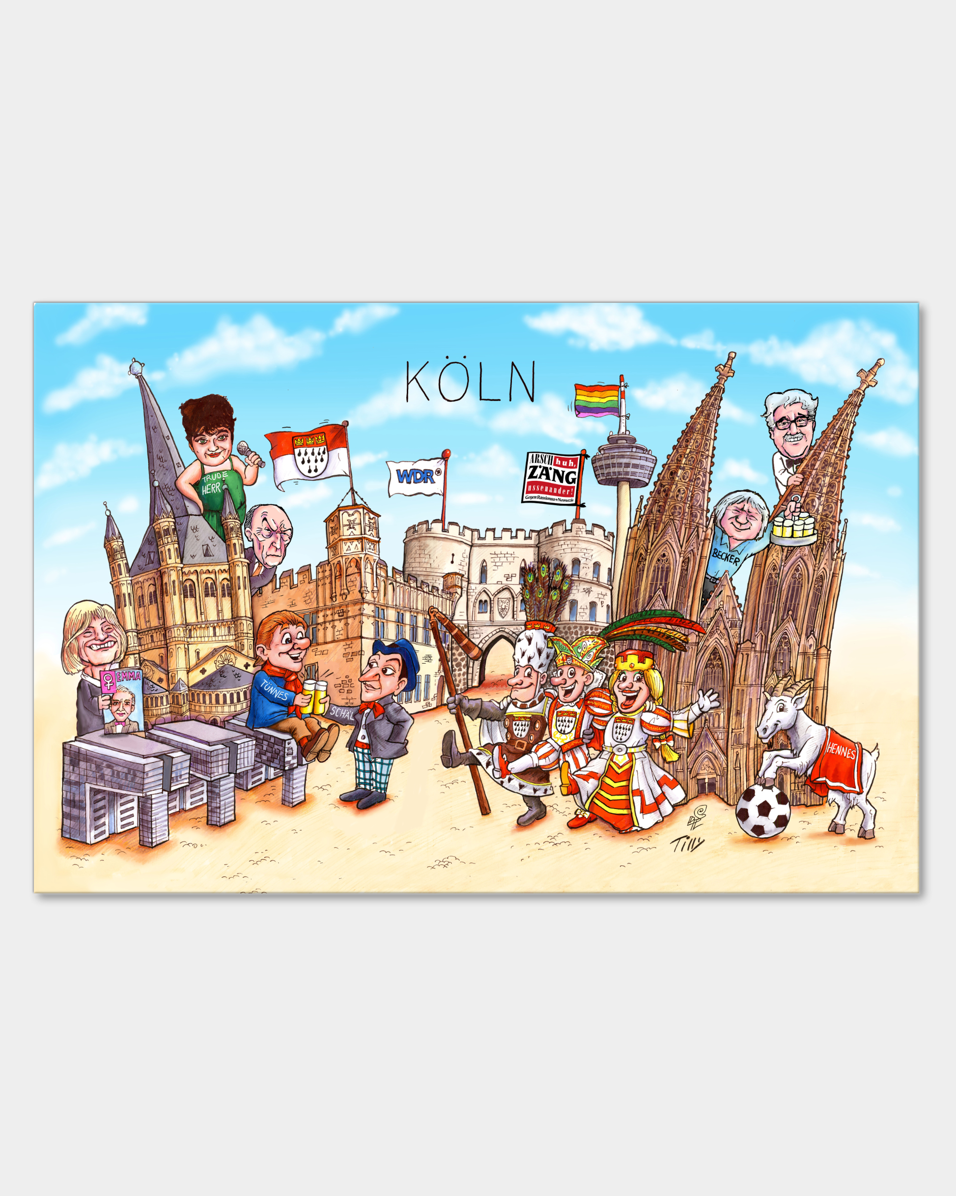 Leinwand mit humorvoller Köln-Collage von Karnevalwagenbauer Jacques Tilly.