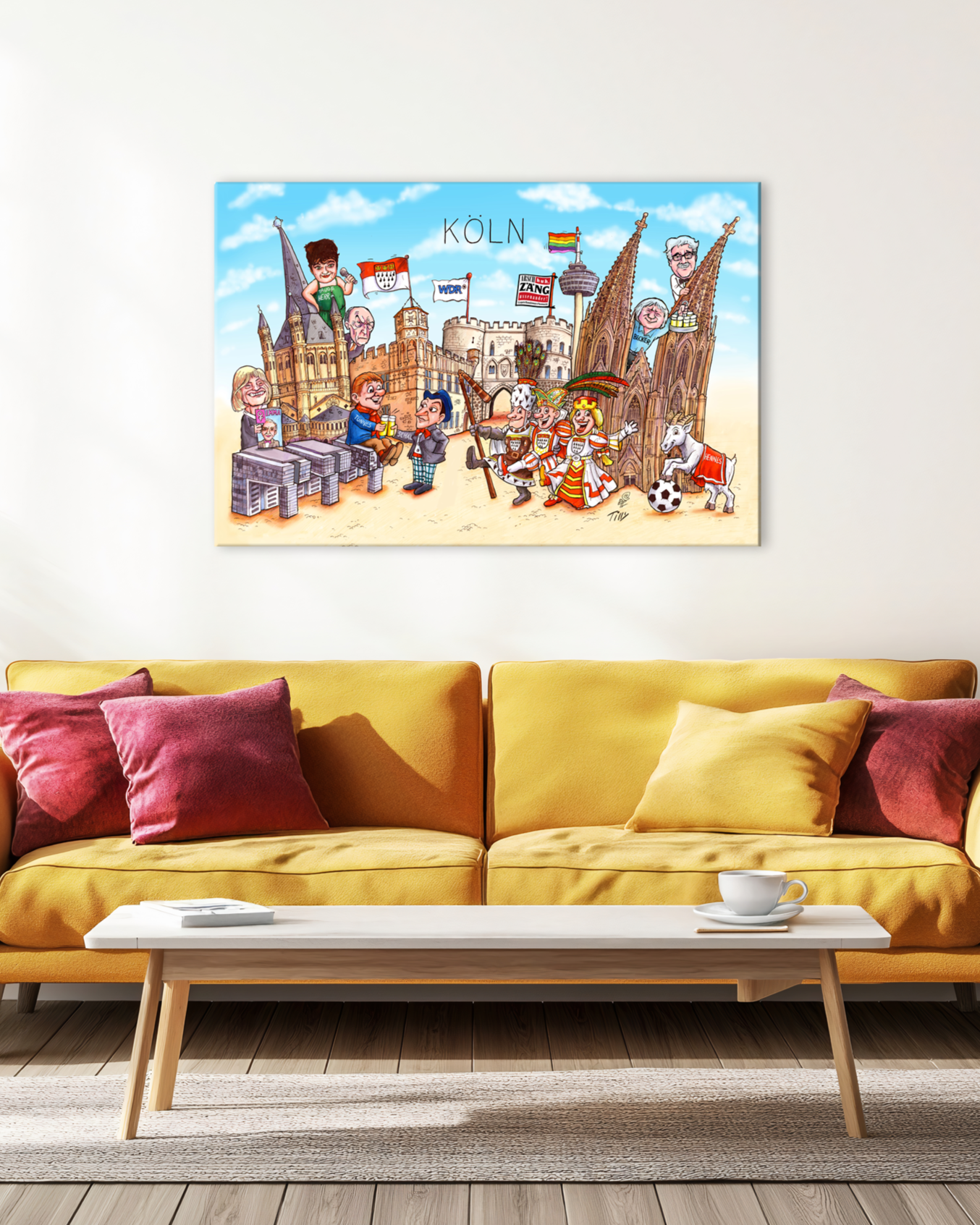 Detailreiches Wandbild von Jacques Tilly mit Kölner Karneval und Wahrzeichen.