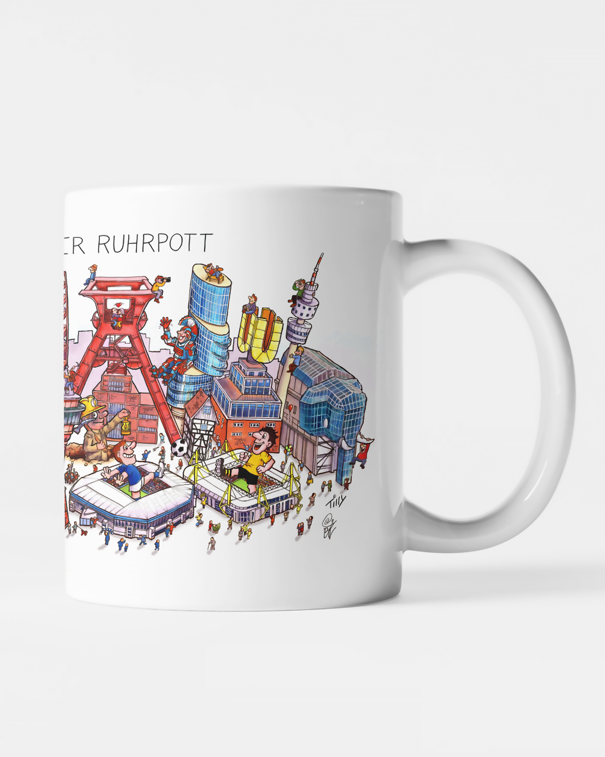 Tasse mit humorvoller Illustration der Ruhrgebiet-Wahrzeichen von Karnevalswagenbauer Jacques Tilly.