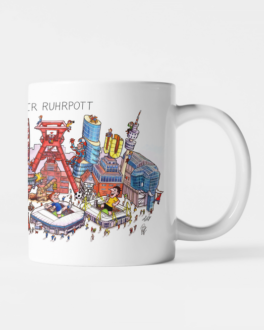 Tasse mit humorvoller Illustration der Ruhrgebiet-Wahrzeichen von Karnevalswagenbauer Jacques Tilly.