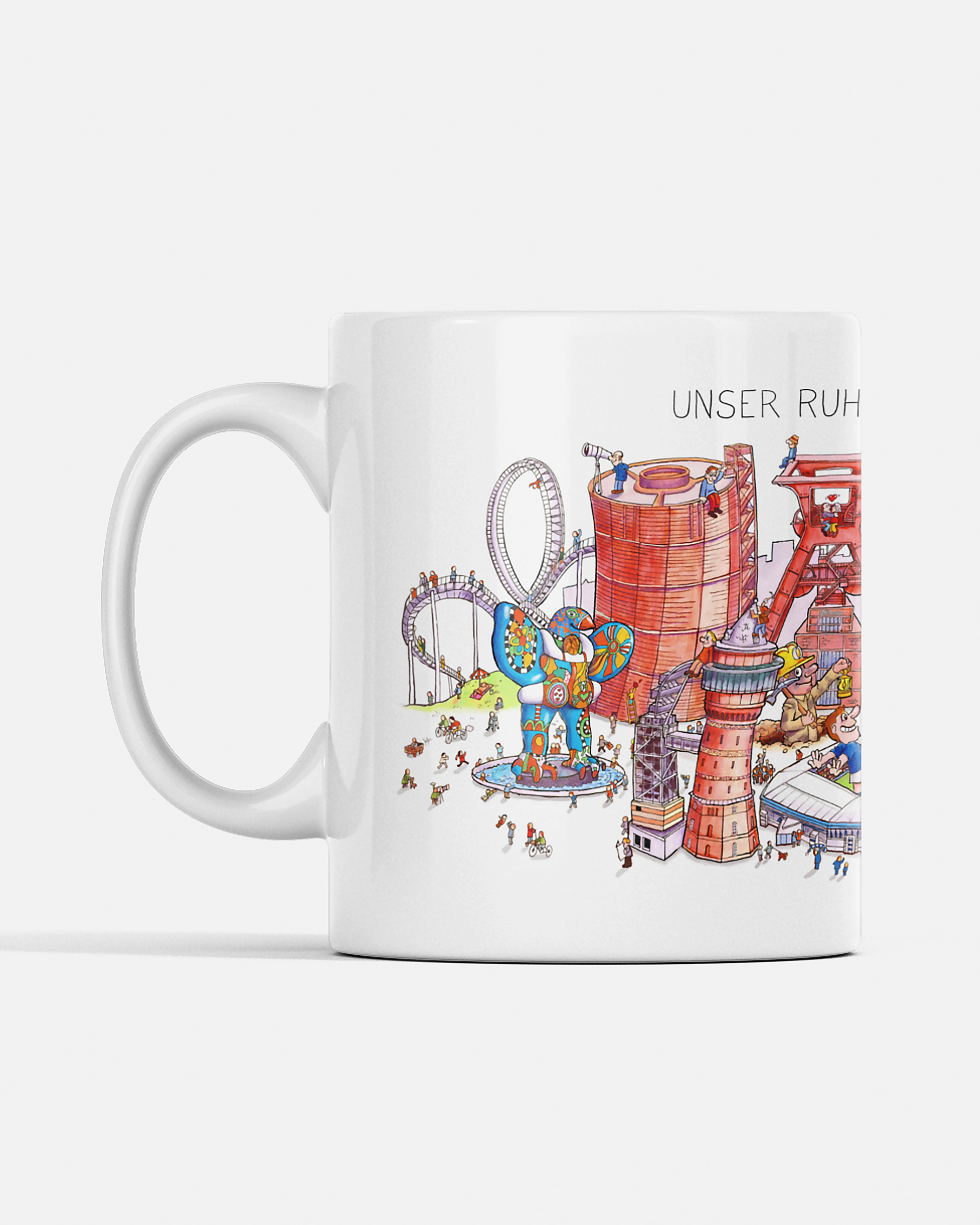 Weiße Keramiktasse mit farbigem Ruhrpott-Motiv von Jacques Tilly, beidseitig bedruckt.