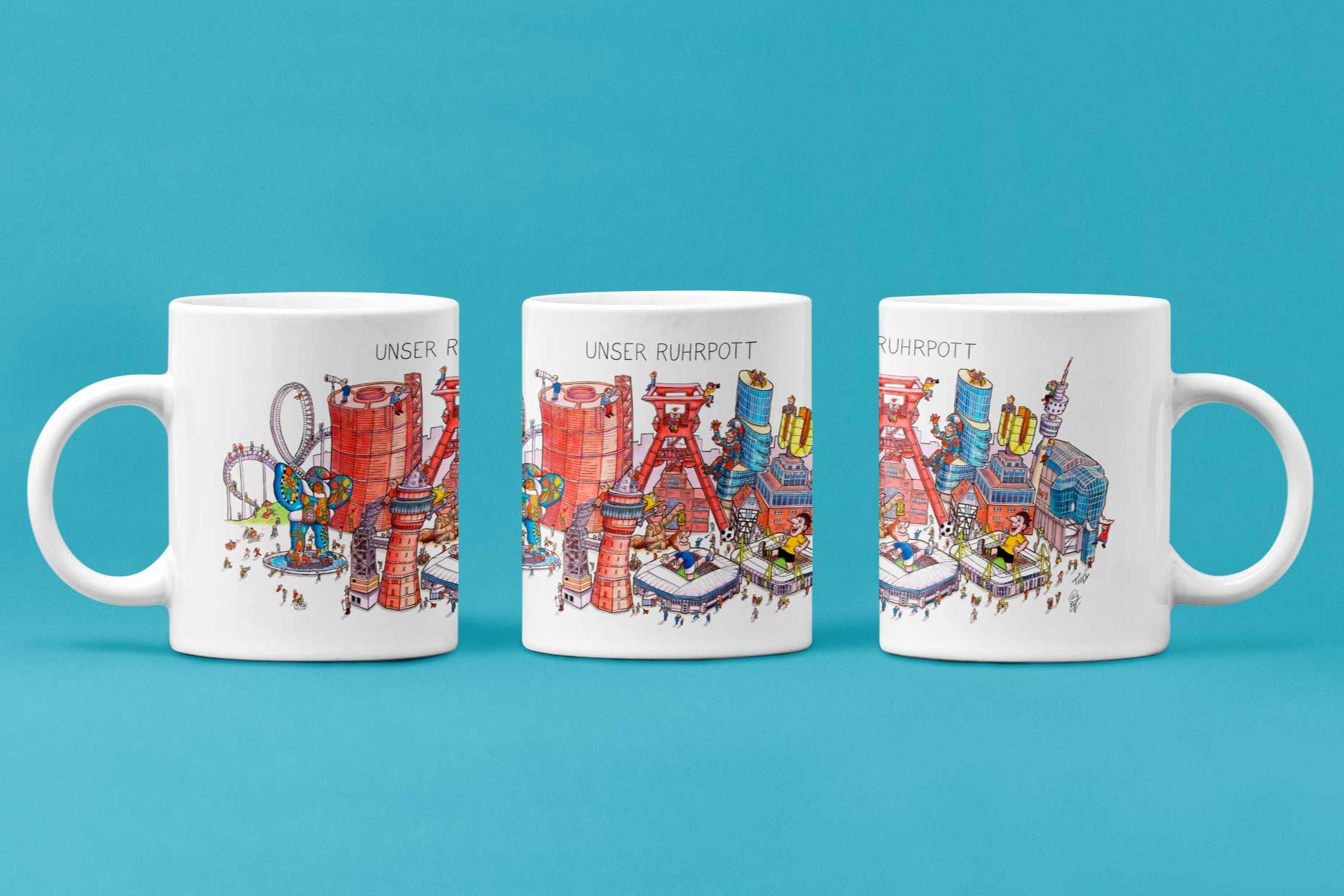 Detaillierte, farbenfrohe Keramiktasse mit ikonischen Ruhrgebiets-Motiven, spülmaschinengeeignet.