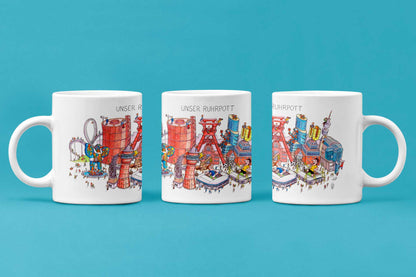 Detaillierte, farbenfrohe Keramiktasse mit ikonischen Ruhrgebiets-Motiven, spülmaschinengeeignet.