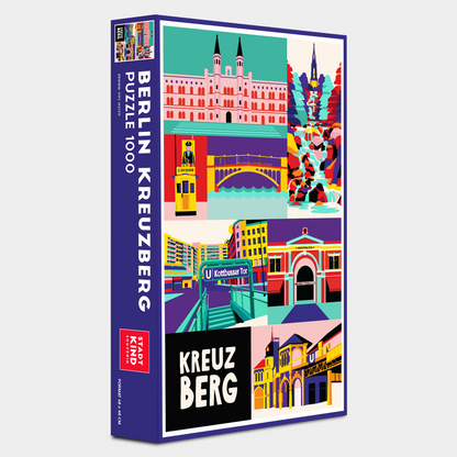 Puzzle Box Berlin Kreuzberg im Pop-Art Design mit lokalen Wahrzeichen.