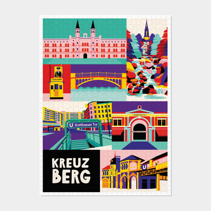 Fertig gelegtes 1000 Teile Puzzle mit bunten Illustrationen von Berlin Kreuzberg.