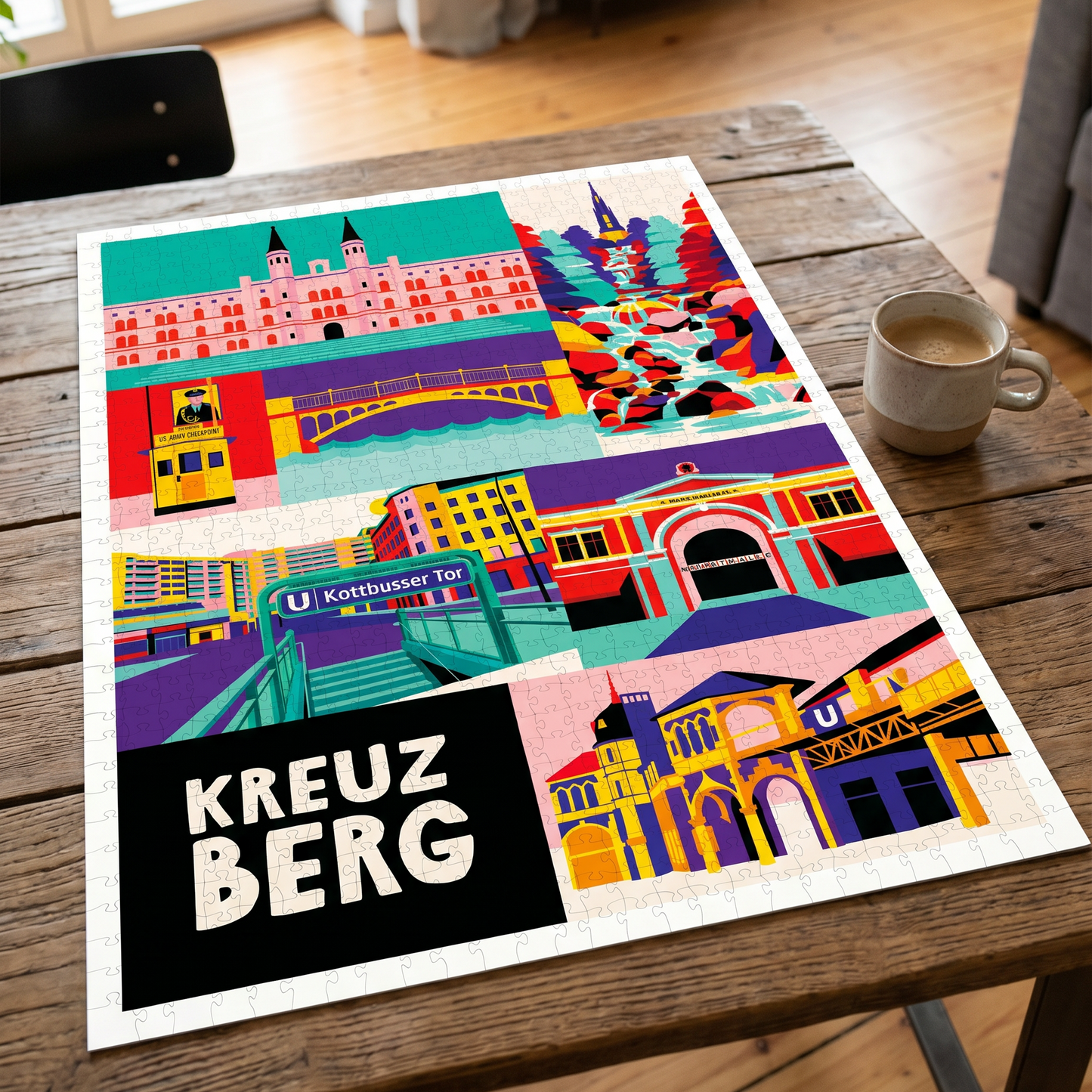 Berlin Kreuzberg Puzzle in leuchtenden Mid-Century Farben fertiggepuzzelt.