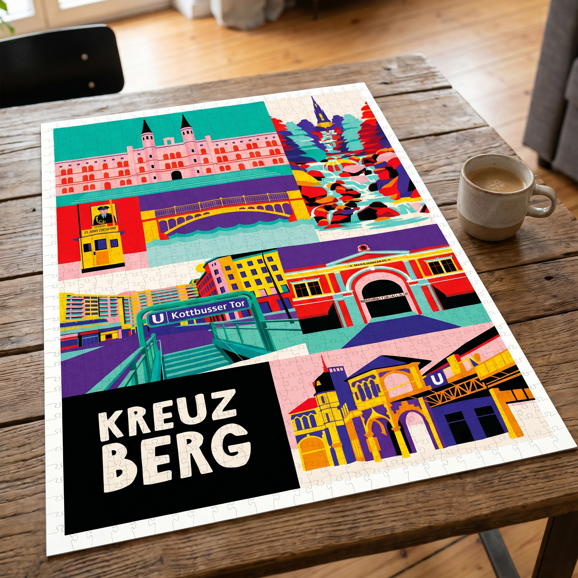Berlin Kreuzberg Puzzle in leuchtenden Mid-Century Farben fertiggepuzzelt.