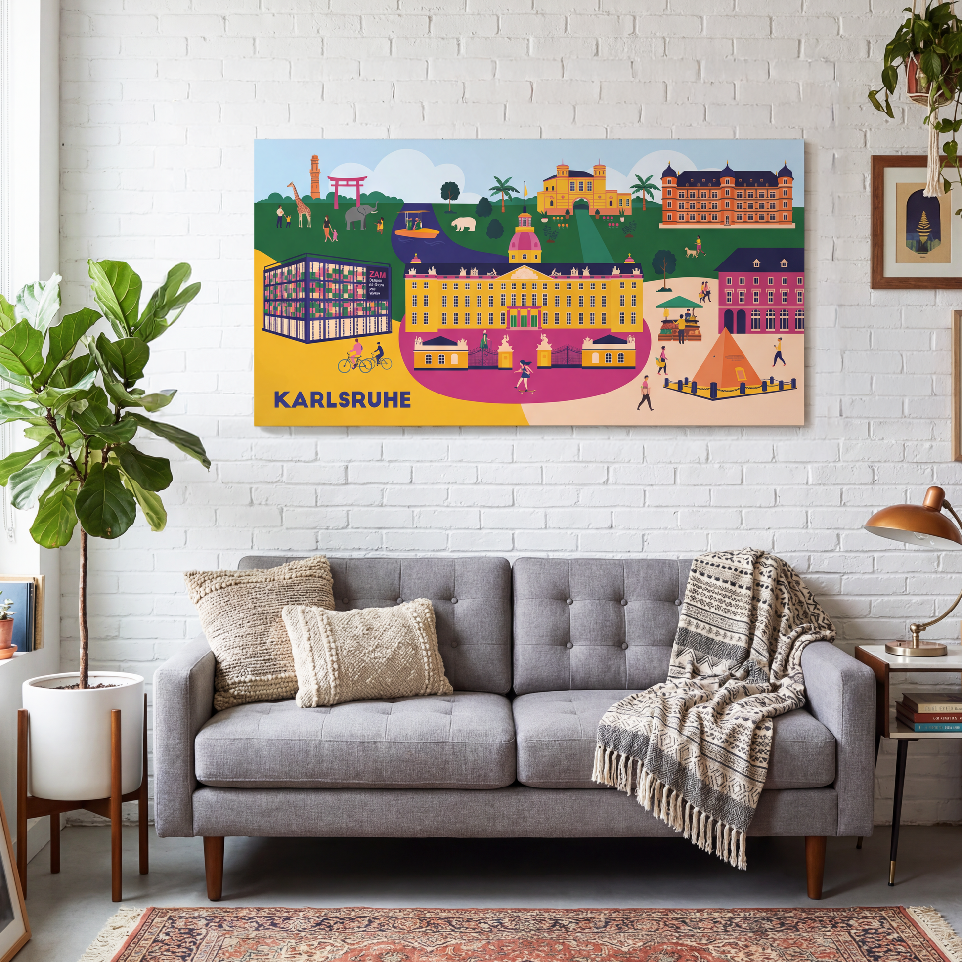 Modern eingerichtetes Wohnzimmer mit grauem Sofa, Teppich im Vintage-Stil und großer, farbenfroher Leinwand mit Karlsruhe-Illustration an der weißen Backsteinwand.