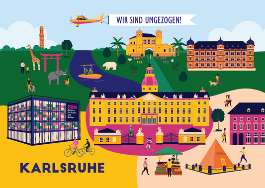 Motiv der Umzugskarte mit grafischer Illustration von Karlsruhe und Text Wir sind umgezogen.
