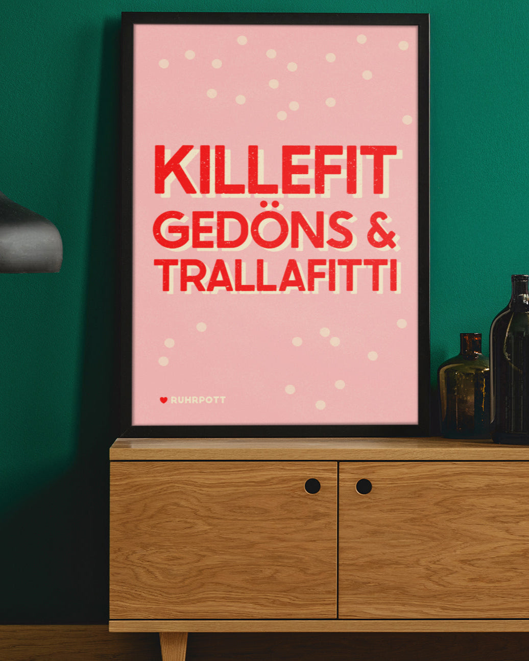 Minimalistisches Ruhrpott-Poster mit typischen Dialektbegriffen in kräftigen Farben.