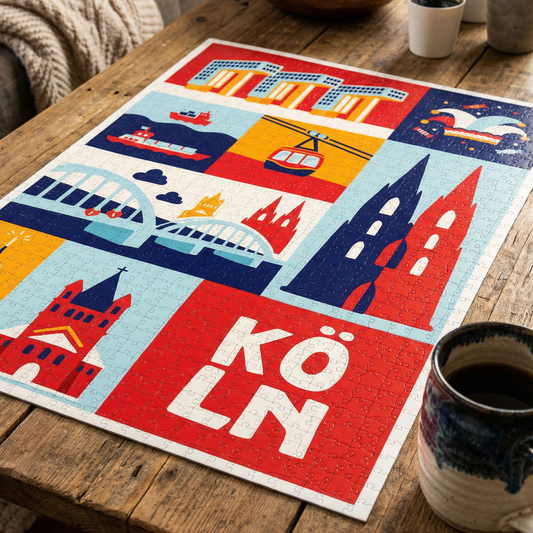 Köln Souvenir Puzzle mit Karneval Motiv und Hohenzollernbrücke