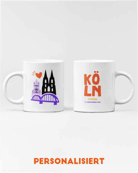 Personalisierte Köln-Tasse mit Dom, Hohenzollernbrücke und Herzsymbol