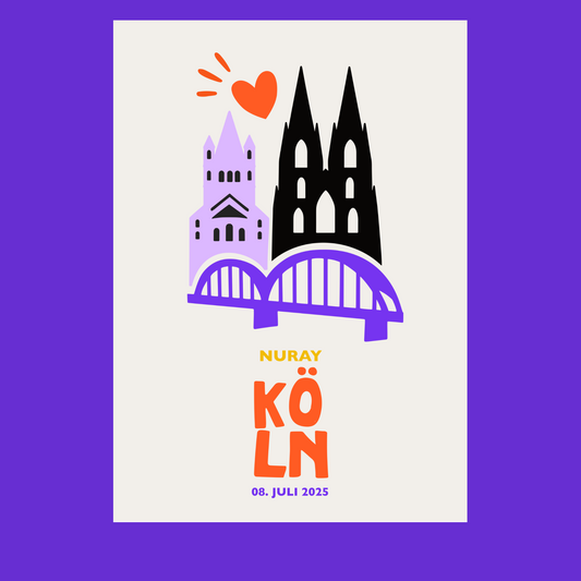 Köln personalisiertes Poster mit Name und Datum und illustratives Design von Kölner Dom, St Martin und Hohenzollernbrücke