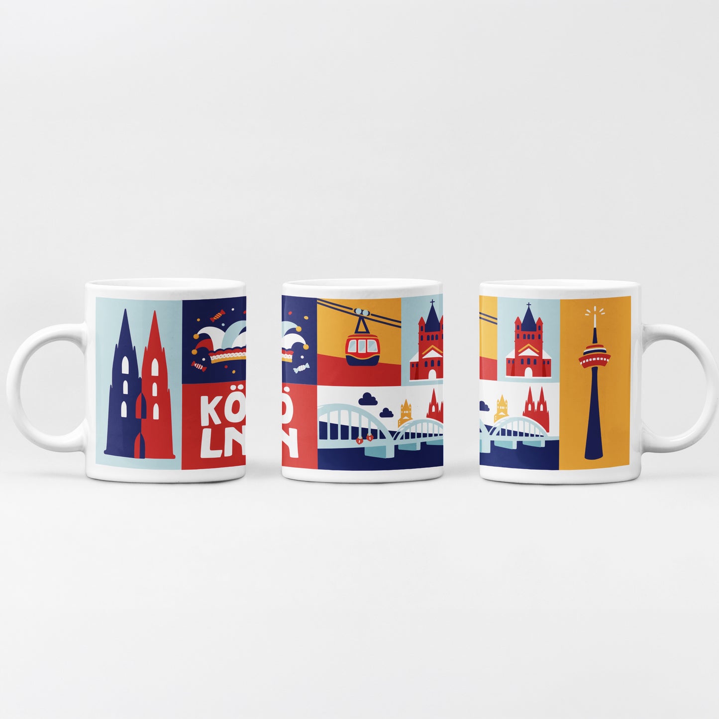 Köln Tasse mit rotem Dom und blauer Seilbahn Illustration von Stadtkind Souvenir.