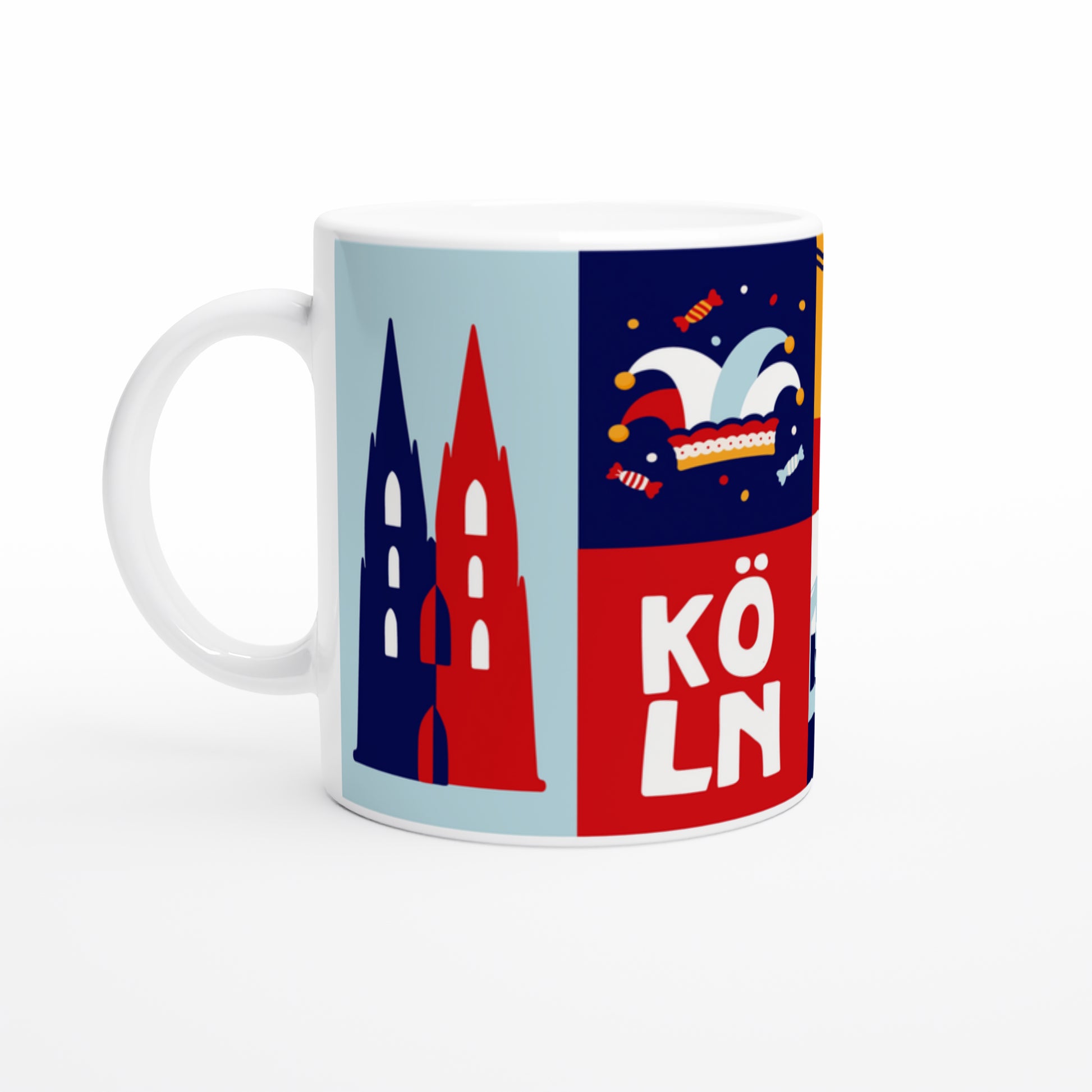 Moderne Stadt-Illustration Köln im Kachel-Design auf einer Kaffeetasse.