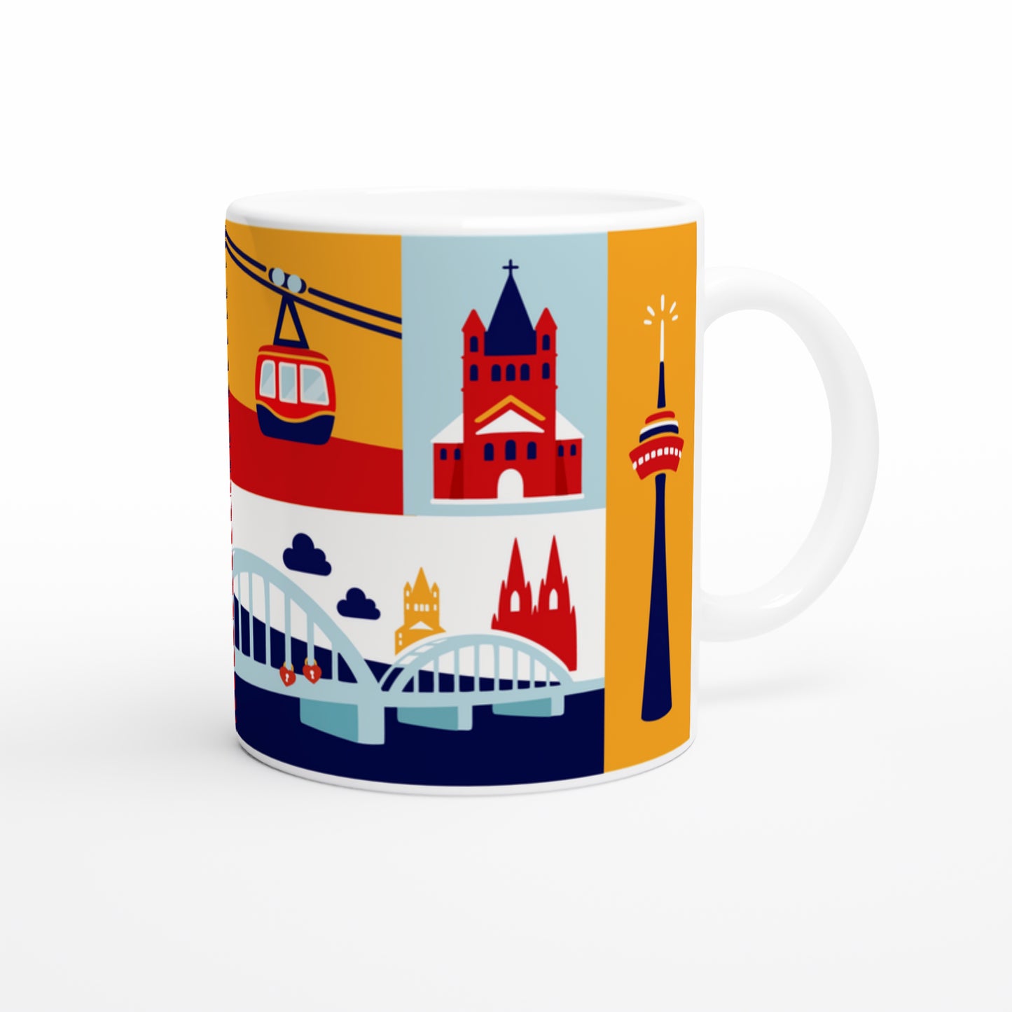 Nahaufnahme Kölner Dom Motiv im Grafik-Stil auf weißem Keramikbecher.